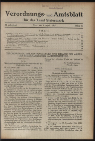 Verordnungsblatt der steiermärkischen Landesregierung 19470404 Seite: 1