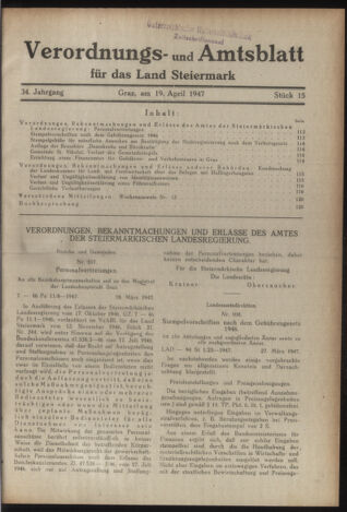 Verordnungsblatt der steiermärkischen Landesregierung 19470419 Seite: 1