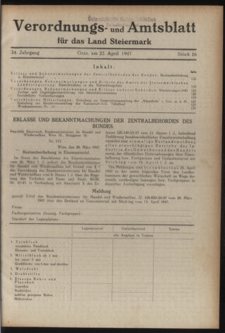 Verordnungsblatt der steiermärkischen Landesregierung 19470422 Seite: 1