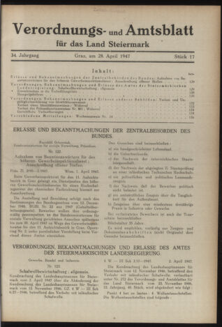 Verordnungsblatt der steiermärkischen Landesregierung 19470428 Seite: 1