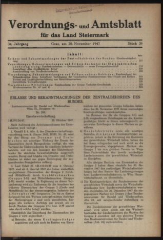 Verordnungsblatt der steiermärkischen Landesregierung 19471120 Seite: 1