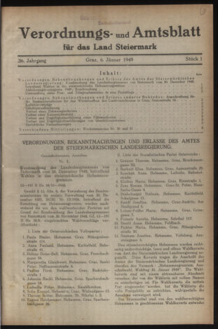 Verordnungsblatt der steiermärkischen Landesregierung 19490106 Seite: 1