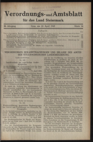 Verordnungsblatt der steiermärkischen Landesregierung 19490422 Seite: 1