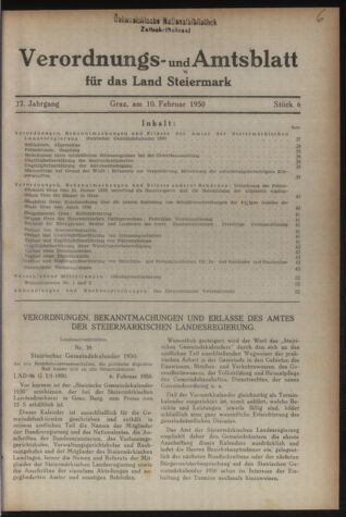 Verordnungsblatt der steiermärkischen Landesregierung 19500210 Seite: 1