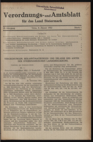 Verordnungsblatt der steiermärkischen Landesregierung 19520104 Seite: 1