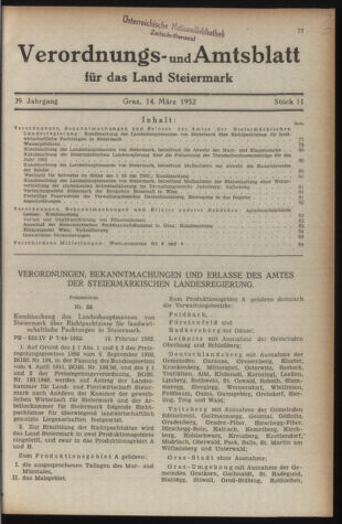 Verordnungsblatt der steiermärkischen Landesregierung 19520314 Seite: 1