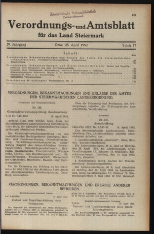 Verordnungsblatt der steiermärkischen Landesregierung 19520425 Seite: 1