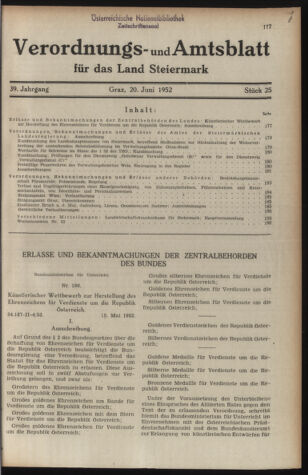 Verordnungsblatt der steiermärkischen Landesregierung 19520620 Seite: 1