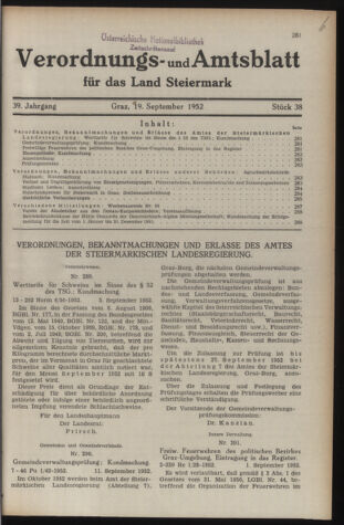 Verordnungsblatt der steiermärkischen Landesregierung 19520919 Seite: 1