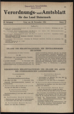 Verordnungsblatt der steiermärkischen Landesregierung 19521128 Seite: 1