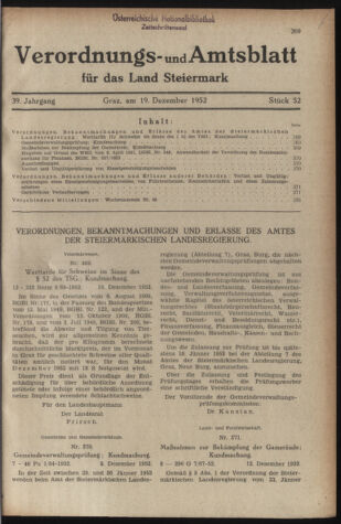 Verordnungsblatt der steiermärkischen Landesregierung 19521219 Seite: 1