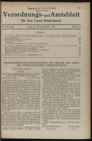 Verordnungsblatt der steiermärkischen Landesregierung 19521223 Seite: 1