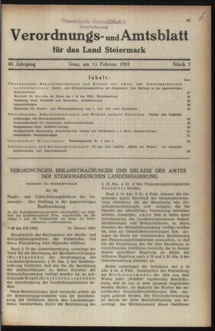 Verordnungsblatt der steiermärkischen Landesregierung 19530213 Seite: 1