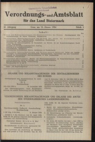 Verordnungsblatt der steiermärkischen Landesregierung 19540115 Seite: 1