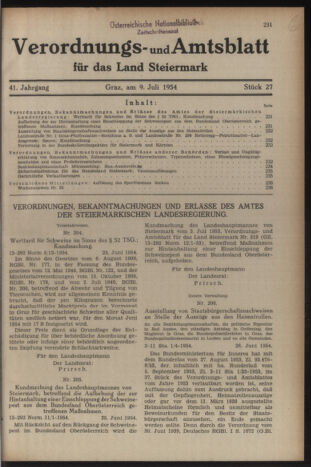 Verordnungsblatt der steiermärkischen Landesregierung 19540709 Seite: 1