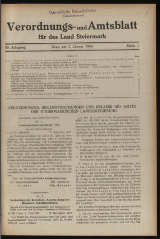 Verordnungsblatt der steiermärkischen Landesregierung 19580103 Seite: 1