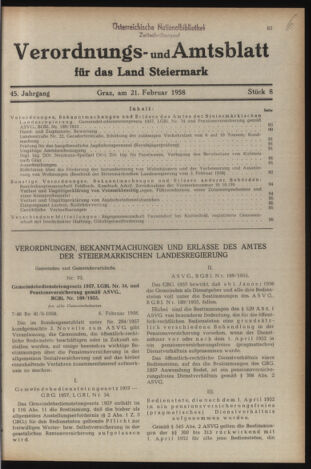 Verordnungsblatt der steiermärkischen Landesregierung 19580221 Seite: 1