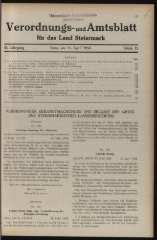 Verordnungsblatt der steiermärkischen Landesregierung 19580411 Seite: 1