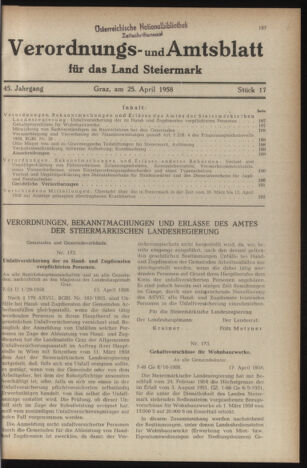 Verordnungsblatt der steiermärkischen Landesregierung 19580425 Seite: 1