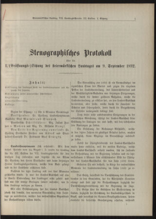 Stenographische Protokolle über die Sitzungen des Steiermärkischen Landtages 18920909 Seite: 1