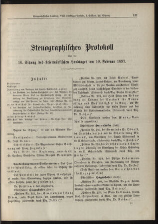 Stenographische Protokolle über die Sitzungen des Steiermärkischen Landtages 18970219 Seite: 1