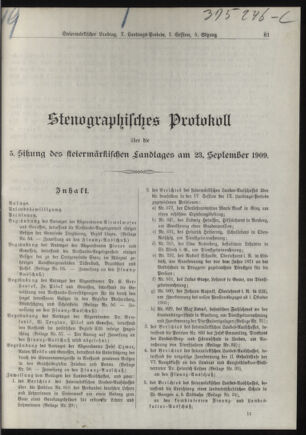 Stenographische Protokolle über die Sitzungen des Steiermärkischen Landtages 19090923 Seite: 1