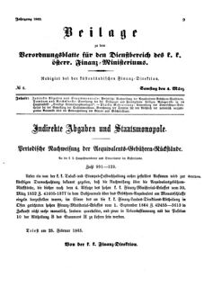 Verordnungsblatt für den Dienstbereich des K.K. Finanzministeriums für die im Reichsrate Vertretenen Königreiche und Länder 18650304 Seite: 1