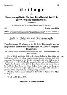 Verordnungsblatt für den Dienstbereich des K.K. Finanzministeriums für die im Reichsrate Vertretenen Königreiche und Länder 18650306 Seite: 1