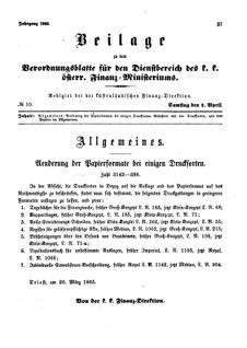 Verordnungsblatt für den Dienstbereich des K.K. Finanzministeriums für die im Reichsrate Vertretenen Königreiche und Länder 18650401 Seite: 1