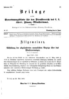 Verordnungsblatt für den Dienstbereich des K.K. Finanzministeriums für die im Reichsrate Vertretenen Königreiche und Länder 18650603 Seite: 1