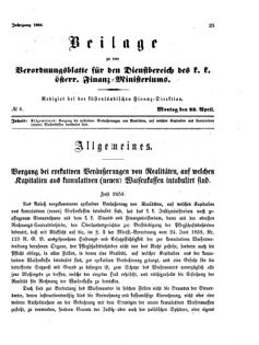 Verordnungsblatt für den Dienstbereich des K.K. Finanzministeriums für die im Reichsrate Vertretenen Königreiche und Länder 18660423 Seite: 1