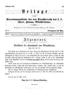 Verordnungsblatt für den Dienstbereich des K.K. Finanzministeriums für die im Reichsrate Vertretenen Königreiche und Länder 18660522 Seite: 1