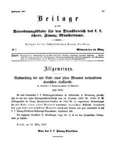 Verordnungsblatt für den Dienstbereich des K.K. Finanzministeriums für die im Reichsrate Vertretenen Königreiche und Länder 18670313 Seite: 1