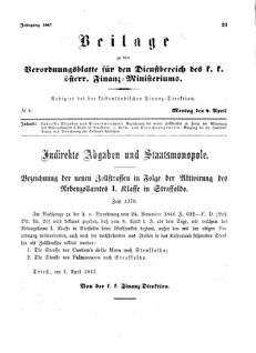 Verordnungsblatt für den Dienstbereich des K.K. Finanzministeriums für die im Reichsrate Vertretenen Königreiche und Länder 18670408 Seite: 1