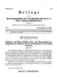 Verordnungsblatt für den Dienstbereich des K.K. Finanzministeriums für die im Reichsrate Vertretenen Königreiche und Länder 18670411 Seite: 1