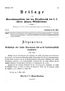 Verordnungsblatt für den Dienstbereich des K.K. Finanzministeriums für die im Reichsrate Vertretenen Königreiche und Länder 18670525 Seite: 1