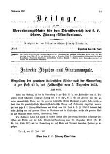 Verordnungsblatt für den Dienstbereich des K.K. Finanzministeriums für die im Reichsrate Vertretenen Königreiche und Länder 18670713 Seite: 1