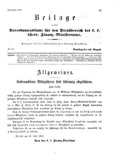 Verordnungsblatt für den Dienstbereich des K.K. Finanzministeriums für die im Reichsrate Vertretenen Königreiche und Länder 18670810 Seite: 1