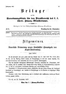 Verordnungsblatt für den Dienstbereich des K.K. Finanzministeriums für die im Reichsrate Vertretenen Königreiche und Länder 18670921 Seite: 1