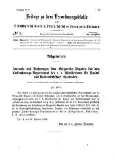 Verordnungsblatt für den Dienstbereich des K.K. Finanzministeriums für die im Reichsrate Vertretenen Königreiche und Länder 18680305 Seite: 1