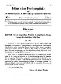 Verordnungsblatt für den Dienstbereich des K.K. Finanzministeriums für die im Reichsrate Vertretenen Königreiche und Länder 18680519 Seite: 1