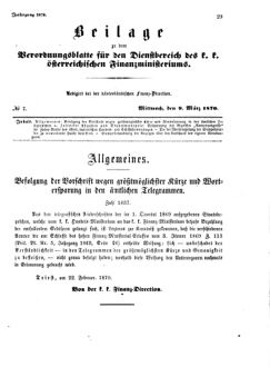 Verordnungsblatt für den Dienstbereich des K.K. Finanzministeriums für die im Reichsrate Vertretenen Königreiche und Länder 18700309 Seite: 1