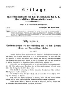 Verordnungsblatt für den Dienstbereich des K.K. Finanzministeriums für die im Reichsrate Vertretenen Königreiche und Länder 18700430 Seite: 1