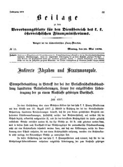 Verordnungsblatt für den Dienstbereich des K.K. Finanzministeriums für die im Reichsrate Vertretenen Königreiche und Länder 18700516 Seite: 1