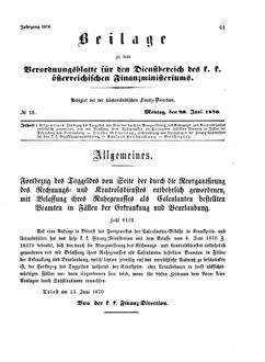 Verordnungsblatt für den Dienstbereich des K.K. Finanzministeriums für die im Reichsrate Vertretenen Königreiche und Länder 18700620 Seite: 1