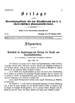 Verordnungsblatt für den Dienstbereich des K.K. Finanzministeriums für die im Reichsrate Vertretenen Königreiche und Länder 18700827 Seite: 1