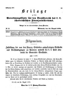 Verordnungsblatt für den Dienstbereich des K.K. Finanzministeriums für die im Reichsrate Vertretenen Königreiche und Länder 18700831 Seite: 1