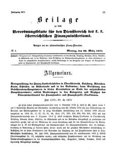 Verordnungsblatt für den Dienstbereich des K.K. Finanzministeriums für die im Reichsrate Vertretenen Königreiche und Länder 18710320 Seite: 1