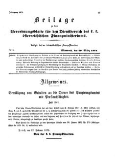 Verordnungsblatt für den Dienstbereich des K.K. Finanzministeriums für die im Reichsrate Vertretenen Königreiche und Länder 18710329 Seite: 1