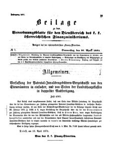 Verordnungsblatt für den Dienstbereich des K.K. Finanzministeriums für die im Reichsrate Vertretenen Königreiche und Länder 18710427 Seite: 1